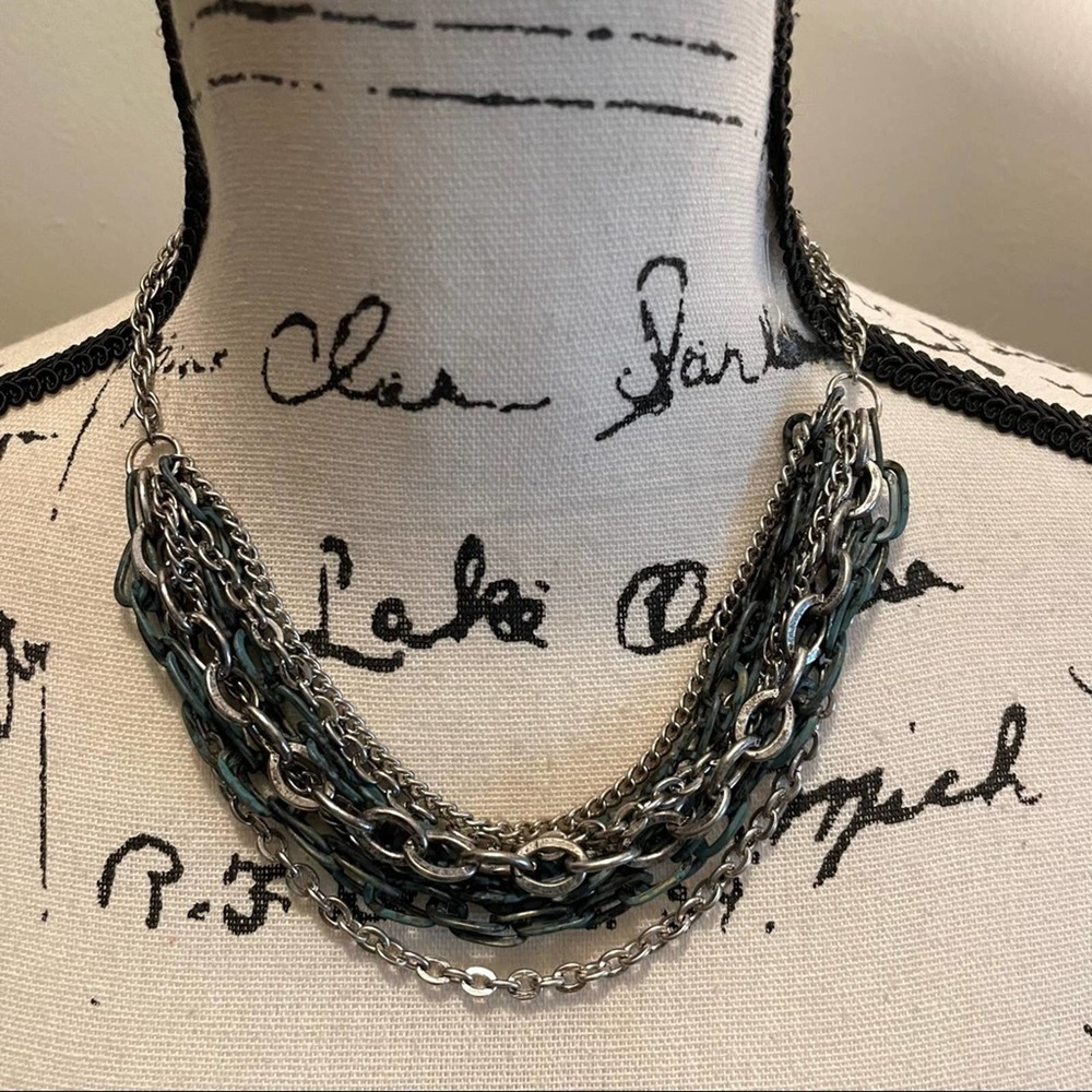 Necklace Layered Chain link Distressed Silver Blue Fashion Jewelry Statement